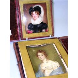 An early 19th century portrait miniature of a lady wearing plumed black hat and matching black dres.