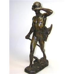 Maurice Bouval (1863-1920), a bronze hunter, the young man naked but for the birds strapped to his..