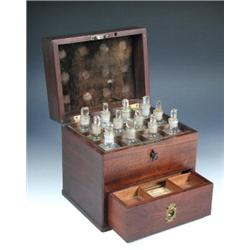 Hume, 103 Longacre, London, an early 19th century apothecary set, the rectangular lid enclosing twe.