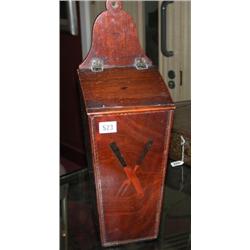 A George III mahogany candle box, the tapering rectangular front marquetried with a knife and fork..