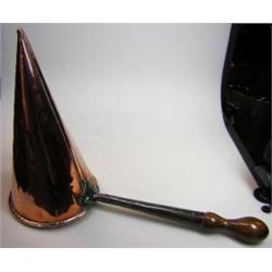 A 19th century copper ale muller, the conical shape with tapering tubular iron handle to one side e.