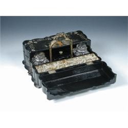 A mid 19th century mother of pearl inlaid papier mE2chE9 stationery box, the floral painted lid ope.