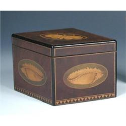 A 19th century mahogany tea caddy with white metal spoon, the rounded edges of the hinged diamond s.