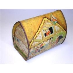 A mid 20th century Disney Snow White biscuit tin, the cottage shape printed with the princess and d.