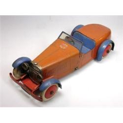 A Meccano No.1 Constructor Car, made as a two seater open boat-tail tourer, in faded red and blue,..