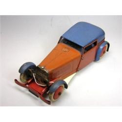 A Meccano No.1 Constructor Car, made as a two door four seater coupe, in faded red and blue, 20cm £.