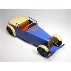 A Meccano No.1 Constructor Car for the French market, the two seater open tourer in blue and cream..