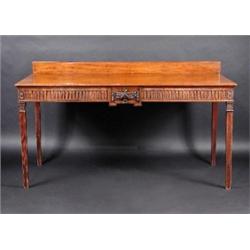 A George III style mahogany serving table, the moulded rectangular top with solid arched back above.