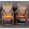 Image 1 : A matched pair of oak Wainscot chairs, one 17th century, each with scroll carved arched top rail ab.