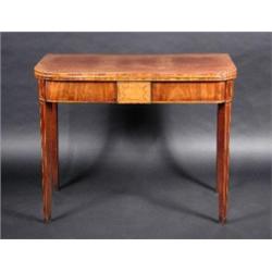 A George III mahogany tea table, the rounded rectangular fold over top above an inlaid tablet friez.