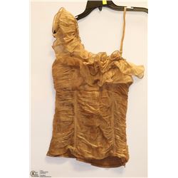 SIZE SMALL GOLD ONE SHOULDER RUFFLE ACCENT TOP