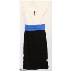 SIZE 8 BLACK/BLUE/CREAM MID LENGTH CAP SLEEVE