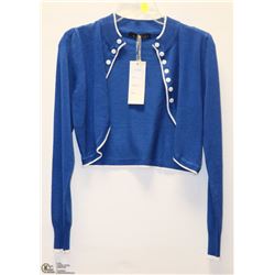 SIZE LARGE BLUE WITH WHITE BUTTON ACCENTS SHRUG