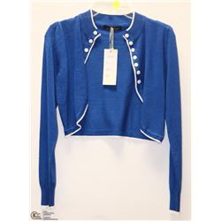 SIZE LARGE BLUE WITH WHITE BUTTON ACCENTS SHRUG