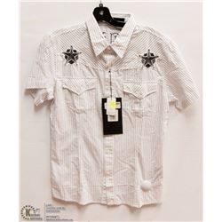 MENS SIZE SMALL SHORT SLEEVED PINSTRIPE BUTTON