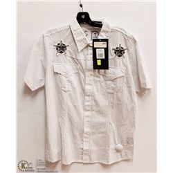 MENS SIZE LARGE SHORT SLEEVED PINSTRIPE BUTTON