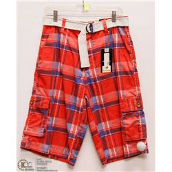 MENS SIZE 32 RED PLAID SHORTS WITH WHITE BRAIDED