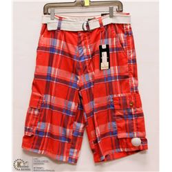 MENS SIZE 32 RED PLAID SHORTS WITH WHITE BRAIDED