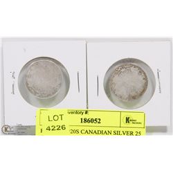 PAIR OF 1920S CANADIAN SILVER 25 CENT COINS.