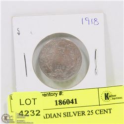 1918 CANADIAN SILVER 25 CENT COIN.