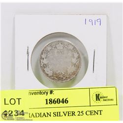 1919 CANADIAN SILVER 25 CENT COIN.