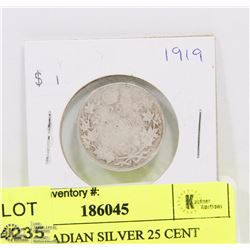1919 CANADIAN SILVER 25 CENT COIN.
