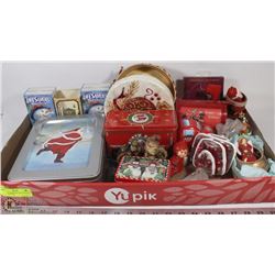 FLAT OF CHRISTMAS DECORATIONS INCL TIN CANS,