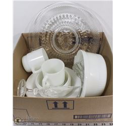 LOT OF CRYSTAL, PYREX, MILK GLASS AND MORE.