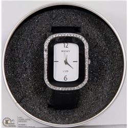 ROCKY STUDDED WATCH WITH BLACK SATIN BAND.