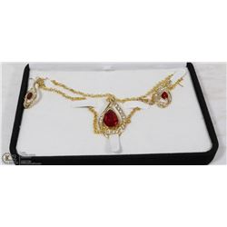 RED STONE & CZ FASHION NECKLACE AND DROP EARRINGS