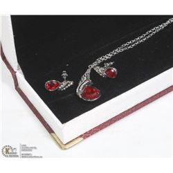3PC RED STONE FASHION PENDANT & CHAIN WITH DROP