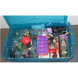 PLASTIC TOTE W/ LID FILLED WITH NEW & USED KITCHEN