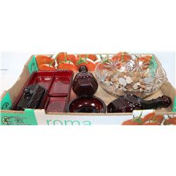 FLAT OF CRANBERRY GLASS AND ESTATE COINS INCLUDING