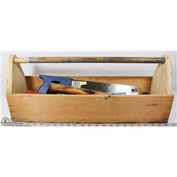 CARPENTERS TOOLBOX WITH VARIOUS TOOLS.