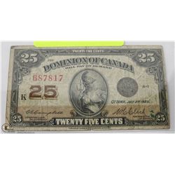 DOMINION OF CANADA  JULY 2ND 1923 25 CENT NOTE