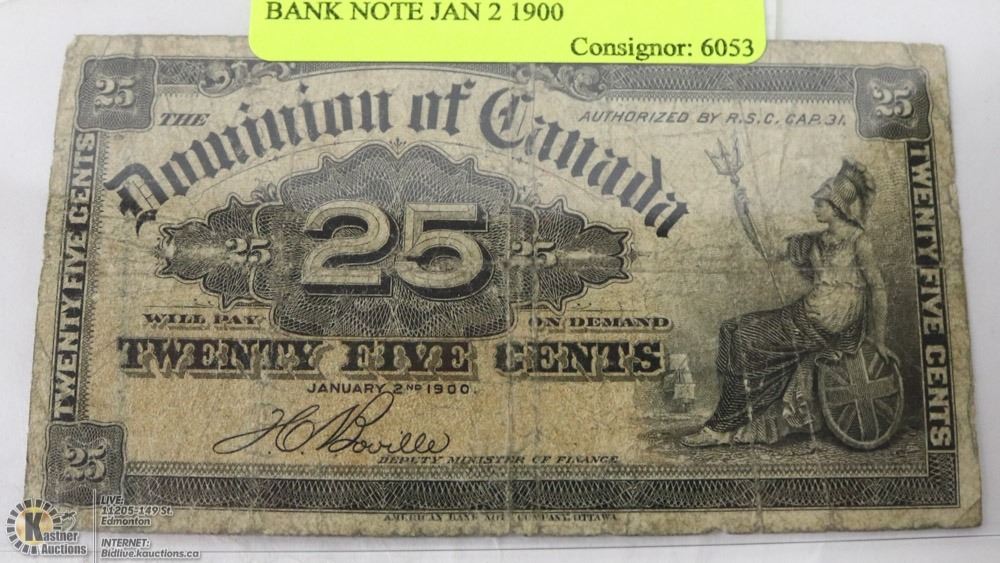 1900 Bank Note DOMINION OF CANADA 25 CENT BANK NOTE JAN 2 1900