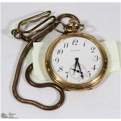 VINTAGE ELGIN GOLD TONE POCKET WATCH WITH CHAIN.