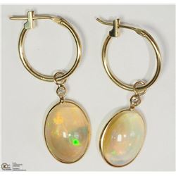 2) 14KT YELLOW GOLD OPAL & DIAMOND HOOP EARRINGS