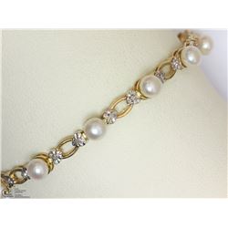 6) 14KT YELLOW GOLD PEARL & DIAMOND 7" BRACELET