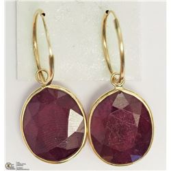 9) 14KT YELLOW GOLD RUBY HOOP EARRINGS