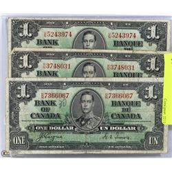 THREE 1937 CANADIAN $1.00 BILLS.