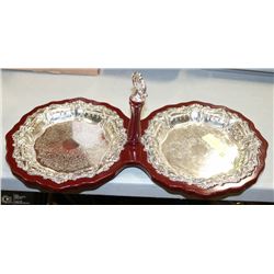 BURGUNDY AND SILVER PLATED DOUBLE DESSERT TRAY W/
