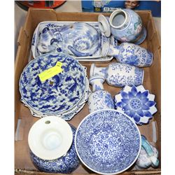 BOX OF BLUE CHINESE DISHES.