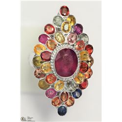 24) ST. SILVER RUBY & MULTI-COLOURED SAPPHIRE RING