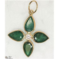 30) 14KT YELLOW GOLD EMERALD & DIAMOND PENDANT