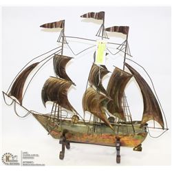 COPPER SHIP ON STAND 21" TALL