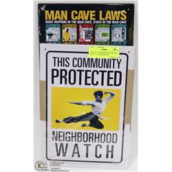 2 METAL SIGNS MAN CAVE RULES BRUCE LEE PROTECTED