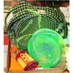 BOX OF BEY BLADES AND ARENAS