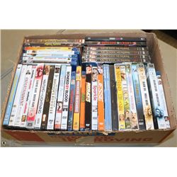 BOX OF 35 BRAND NEW DVDS AND BLU RAYS