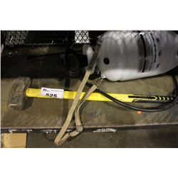 TWO EMPTY TOOL BOXES, TANK SPRAYER AND SLEDGE HAMMER
